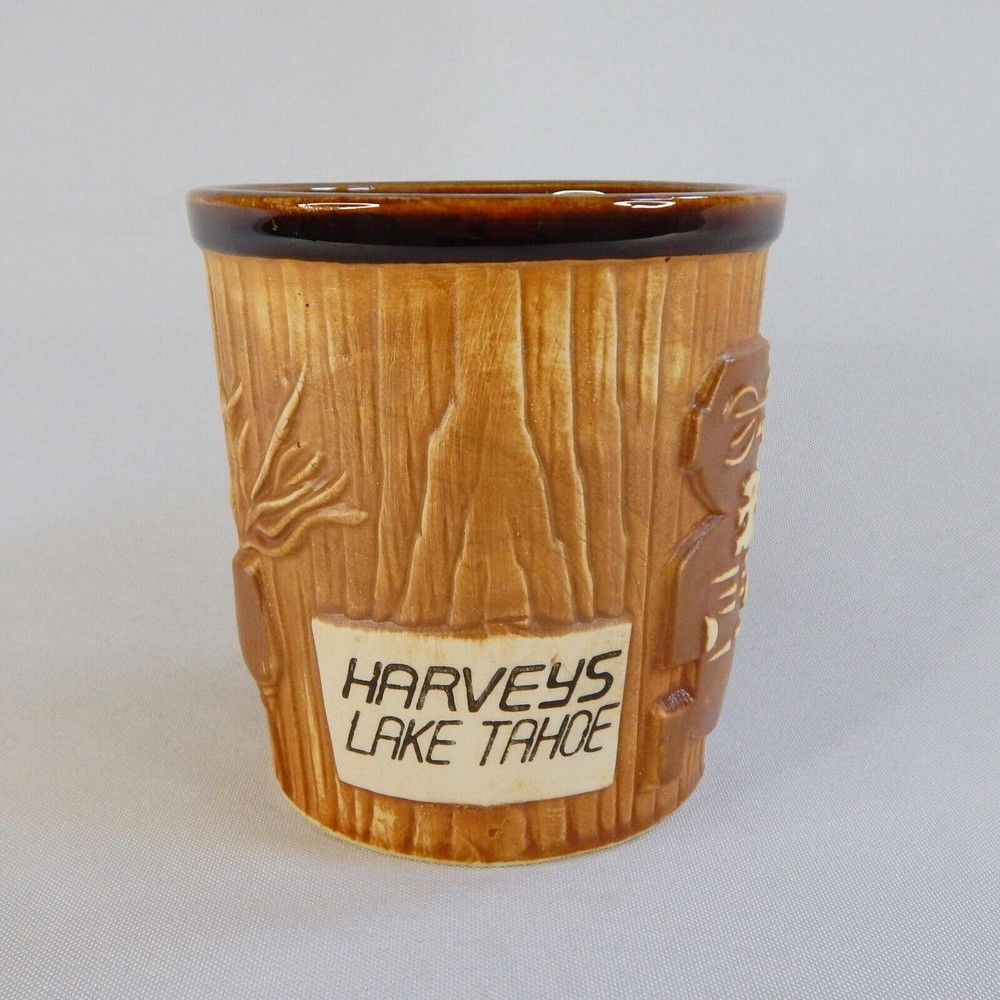Vtg Harveys Lake Tahoe Bucket Tiki Mug Block Font Print Brown Glaze OMC Otagiri